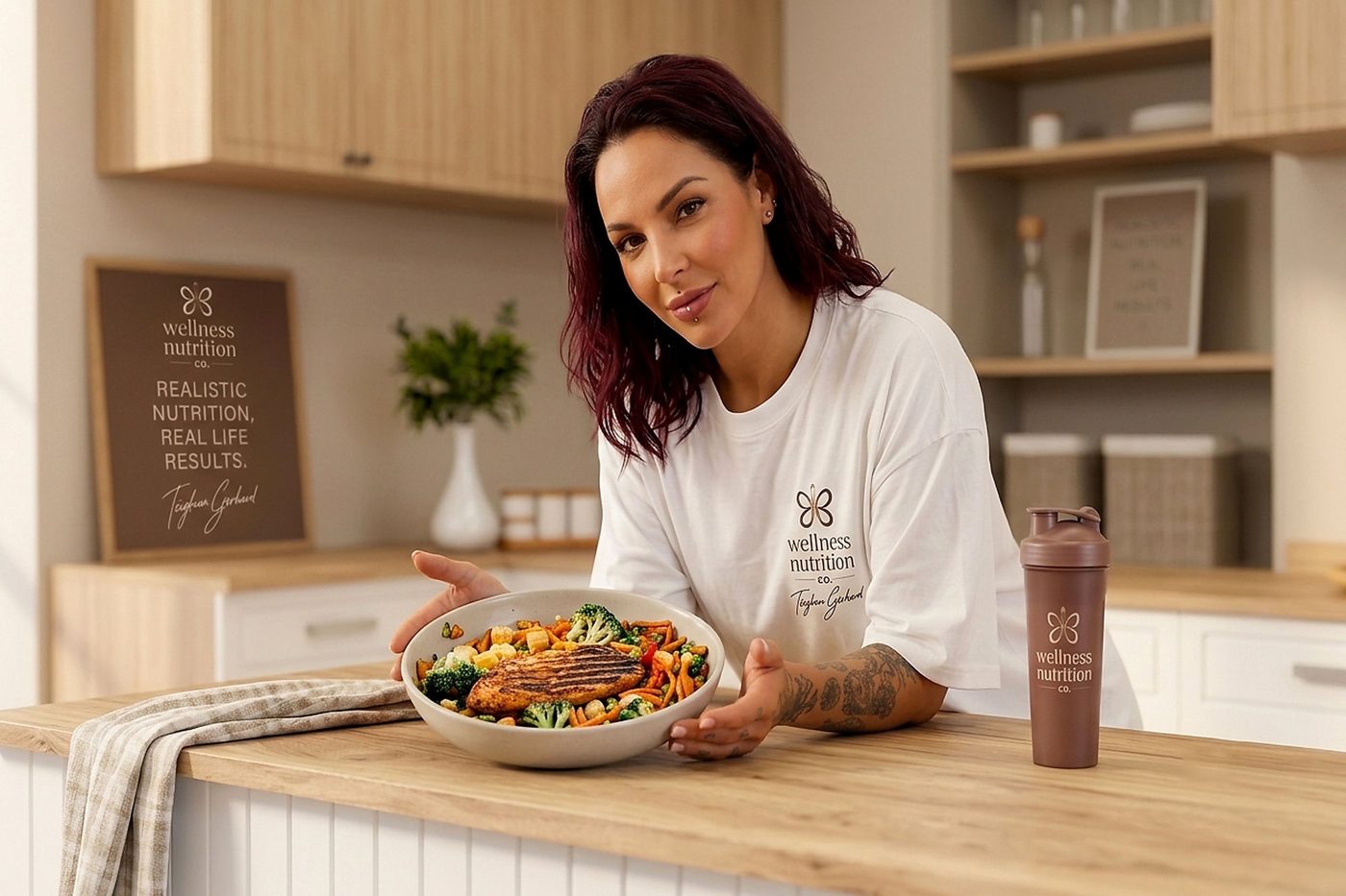 Teighan in her kitchen holding a colourful, balanced meal